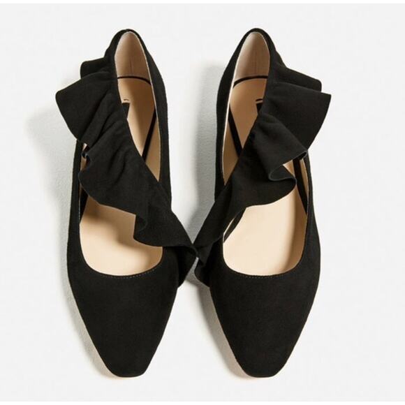 Zara Shoes - NWT Zara Suede Leather Crossover Frill Ballerina Flats Black Size 37 / 6.5